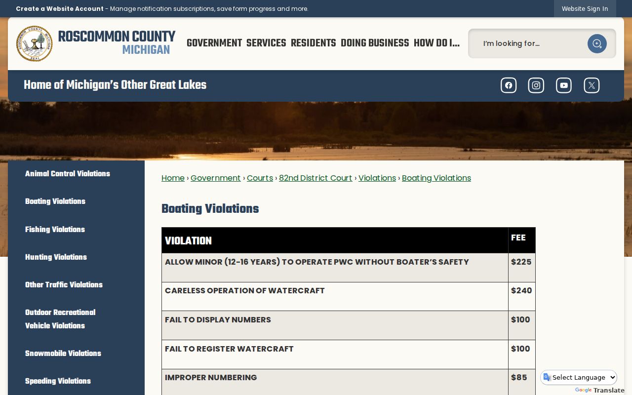 Roscommon County traffic court records boating violation fine table