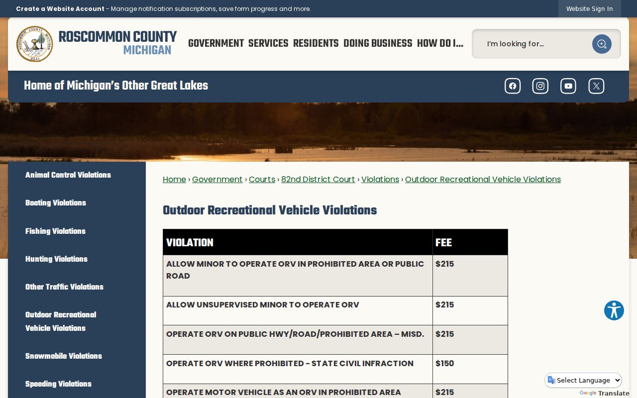Roscommon County traffic court records ORV violation fine table