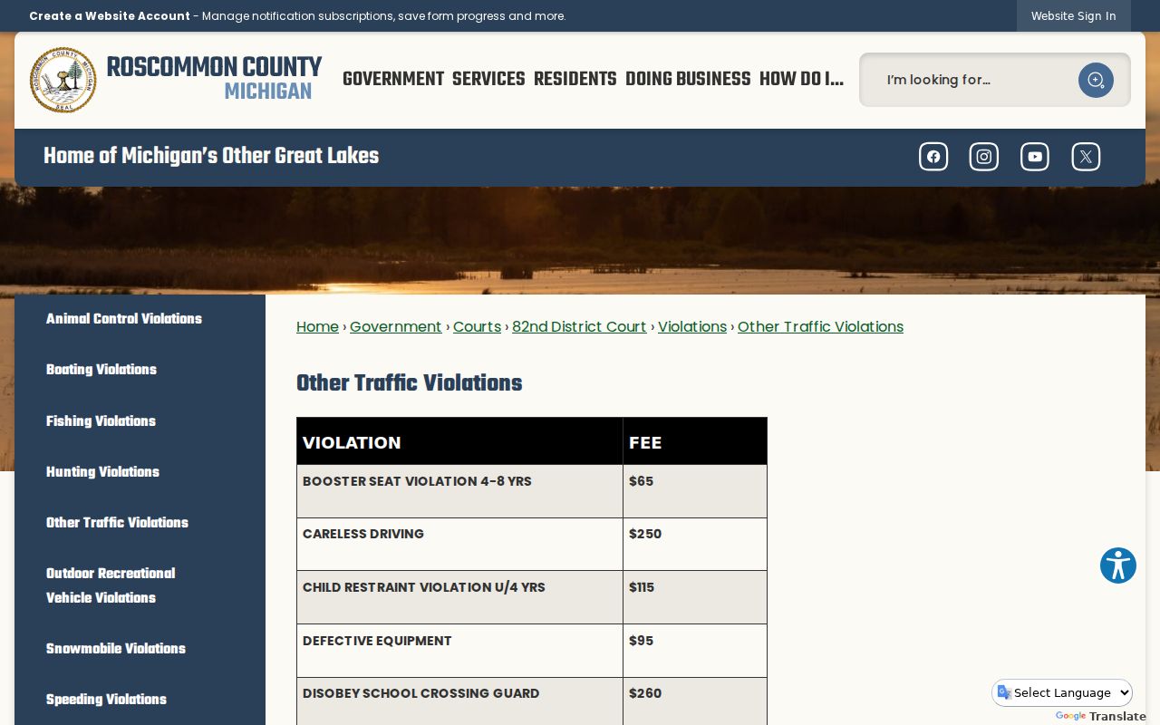 Roscommon County traffic court records other traffic violations table