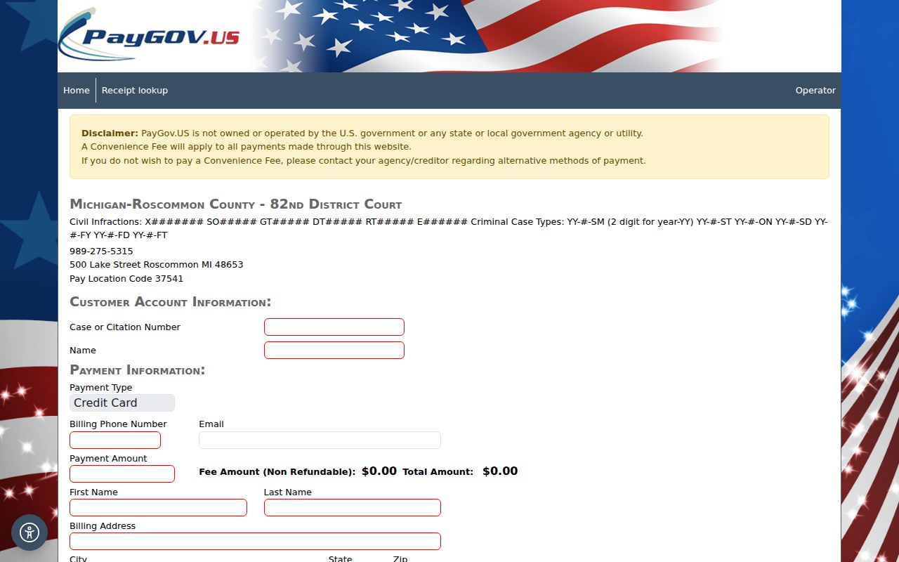 Roscommon County traffic court records PayGov case and citation number fields