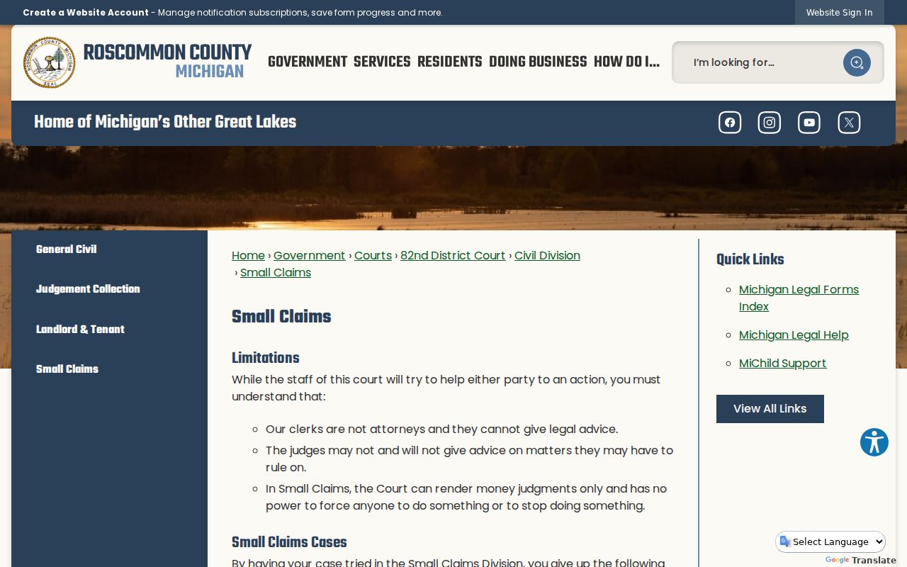 Roscommon County court records small claims hearing information