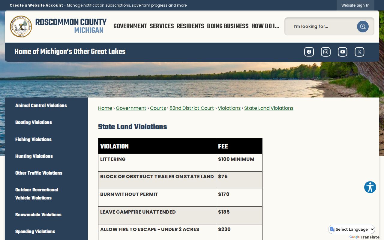 Roscommon County traffic court records state land violation fine table